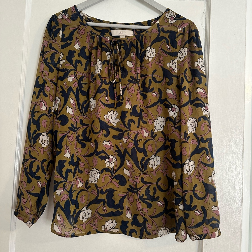 LOFT Tie Front Blouse in Brown and Cream